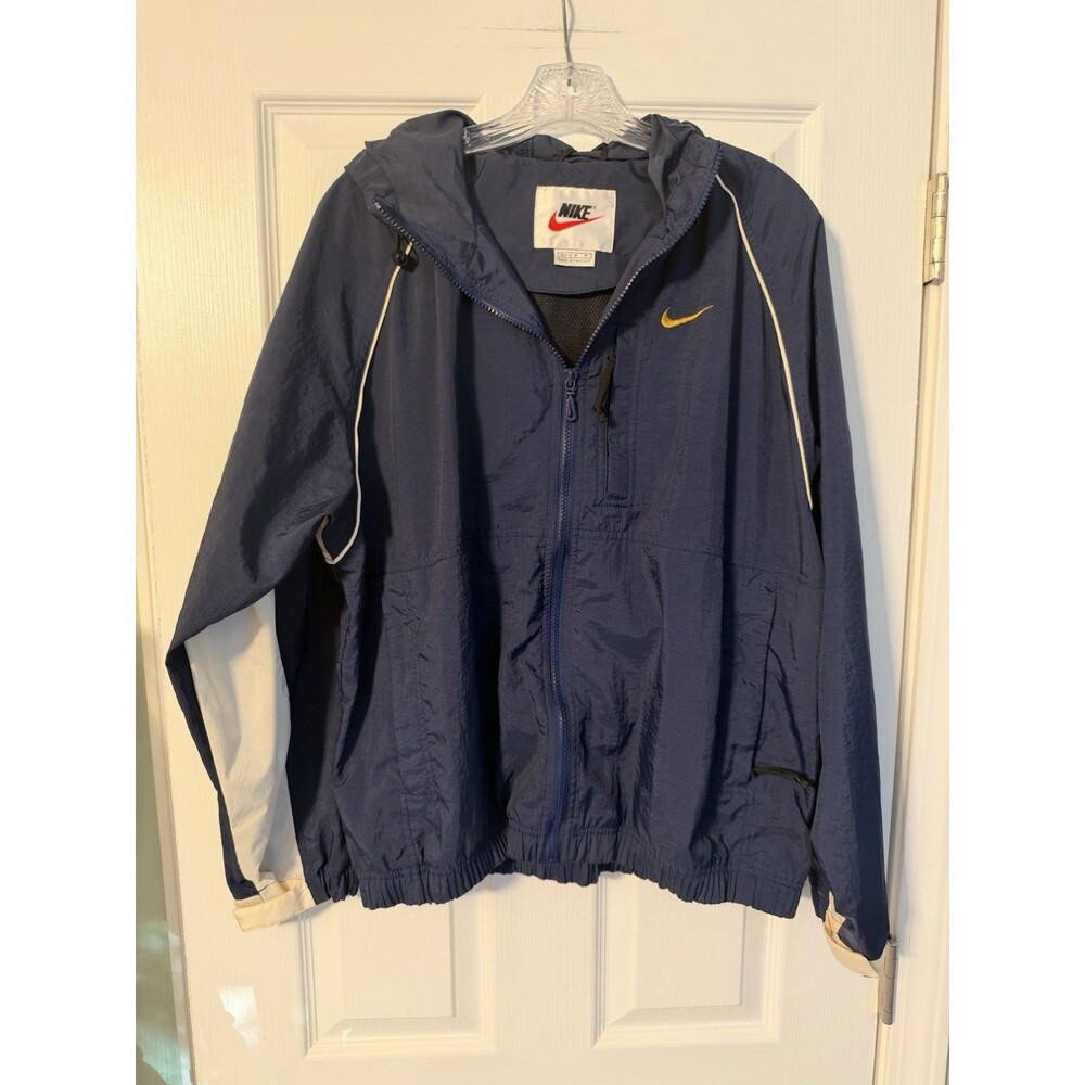 Vintage Nike Hooded Windbreaker Jacket Navy Blue Gold Swoosh Men's M/L Boxy